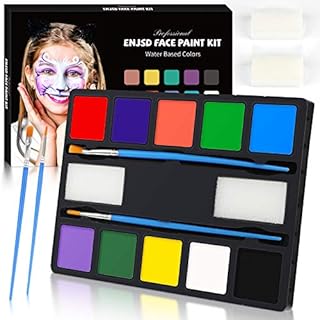 ENJSD Face Paint 14 PCS, Face Paint for Kids and Adults, Water Based Non-Toxic 10 Vivid Colors, 2 Brushes & Sponges, Easily Washable Safe Body Painting for Halloween Makeup and Cosplay