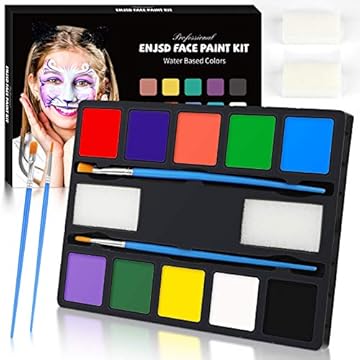 ENJSD Face Paint 14 PCS, Face Paint for Kids and Adults, Water Based Non-Toxic 10 Vivid Colors, 2 Brushes & Sponges, Easily Washable Safe Body Painting for Halloween Makeup and Cosplay