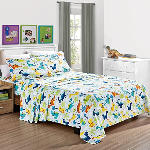 Chezmoi Collection 4-Piece Kids/Teens Dinosaur Full Size Sheet Set - Soft Microfiber Baby Blue Multi-Color Printed Dinosaurs Fun Kids Sheets, Full Size