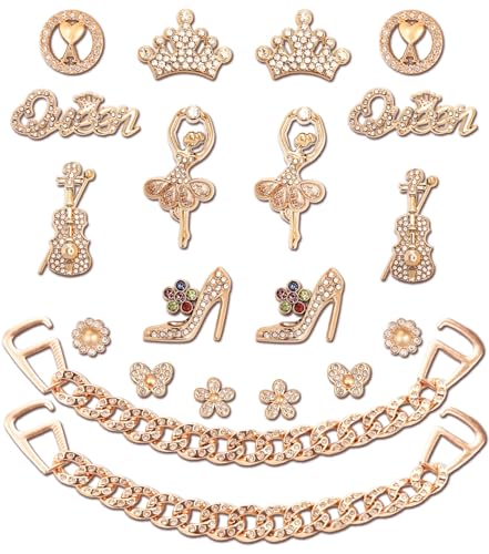 20Pcs Gold Croc Charms for Women Girls, Mothers Day Gifts for Mom,Bling Rhinestone Shoe Accessories for Clogs Sandals,Queen Word Ballet Girl Violin Decorations for Birthday or Party Gift