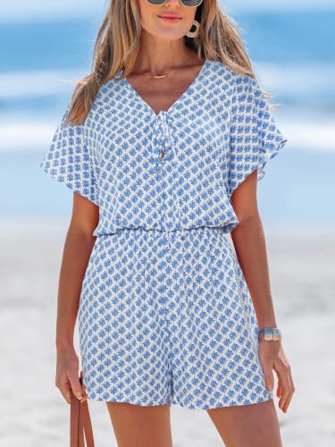 Image of CUPSHE Womens Summer Romper Front Tie Elastic Waist Beach Workout Rompers | Plunge V neck Short sleeve Wide leg, Casual Vacation Holiday Work Business Daily Outfits, Short One Piece Jumpsuit Dressy