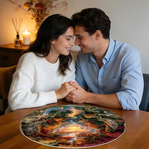 Puzzle redondo 3D de 1000 piezas para adultos, escena de naturaleza con ciervo, cascada y atardecer miniatura 6