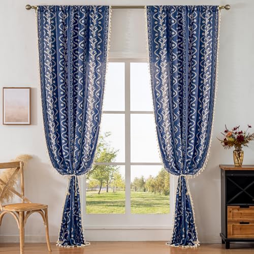 Image of Navy Blue Boho Curtains 72 Inch Long for Living Room, Bedroom, 2 Panels Floral Farmhouse Vintage Tassel Semi Sheer Light Filtering Privacy Window Curtain Drapes with Rod Pocket, Navy Blue