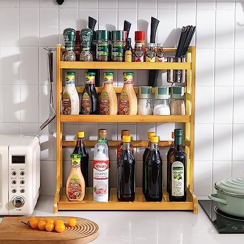 HOKIPO Bamboo 2 Tier Spice Rack Organizer For Tiered Shelf Kitchen
