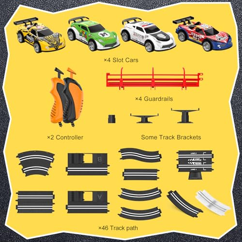 Image of Slot Car Race Track Sets with 4 Slot Cars, 2 in 1 Electric Race Car Track Include Slope Circular Overpass Track, Dual Racing Game Featuring Flash Tracks, Gifts Toys for Boys Kids Age 6 7 8-12