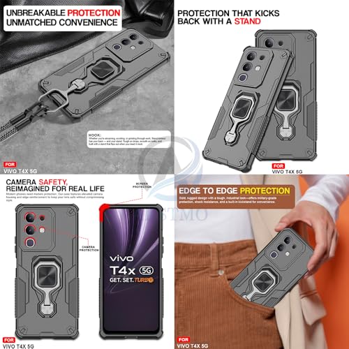 Image of AESTMO Armor Back Cover for Vivo T4X / Z10X / Y31 Pro 5G | Ring Holder & Kickstand & Camera Protection in-Built | 360 Degree Protection Back Case Cover (Black)