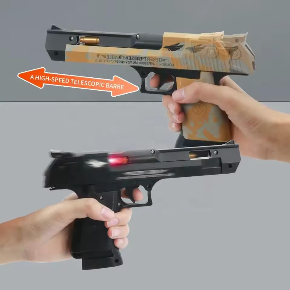 Image of GEX TOYS GexToys Light and Sound Police Army Style Pistol Gun Toy with Moving Top Loader Telescopic Barrel and Target Projection Effect, Desert Eagle Pistol (Pack of 1) Random Color Dispatch, Assorted
