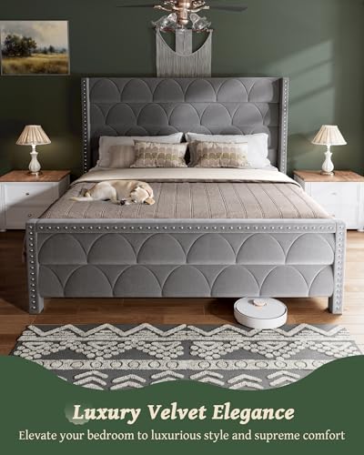King Size Bed Frame with 56" Headboard - 1000LBS Capacity Support, Velvet Upholstered Wingback Platform Bed Frame, Noise Free, Sturdy Wooden Slat Support - Image 5
