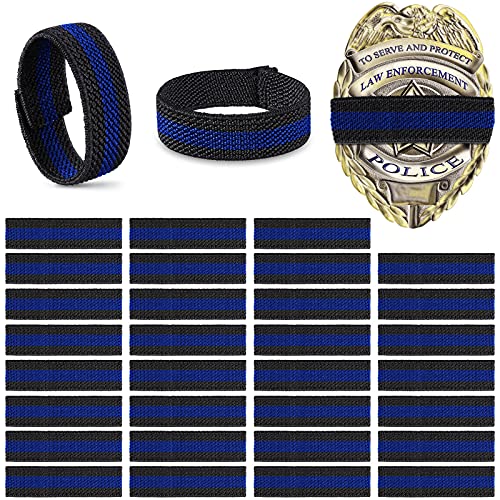 Yinder 30 Pieces Police Mourning Band for Badges Stripe Funeral Honor Guard Elastic Straps Black Blue Thin Line Police Officer Badge Mourning Twill Band