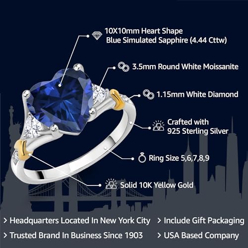 Gem Stone King 3-6 Cttw Heart Gemstone Birthstone White Moissanite and White Diamond Engagement Ring For Women | Center 10MM Heart | 925 Silver and 10K Yellow Gold | Available in Size 5,6,7,8,92