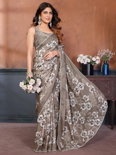 Image of Satrani Women's Georgette Floral Printed Saree with Unstitched Blouse Piece
