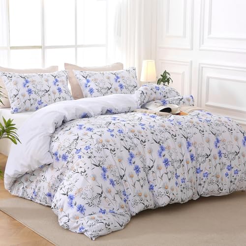 MUXHOMO Duvet Cover Queen Size, Reversible Floral Vintage Duvet Cover Set with Zipper Closure, 3 Pieces Botanical Patterns Soft Microfiber Bedding Set (90"x90", 2 Pillow Cases, Purple Blue Daisy)