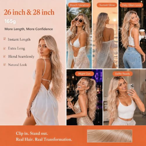 Image of Sunny Hair Clip in Hair Extensions Real Human Hair Blonde Highlight 26inch | Clip in Extensions Real Human Hair 165g, Extra Long Hair and Added Fullness with Fuller Ends for Office Styling