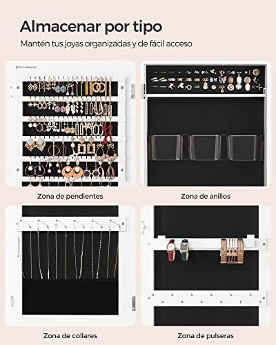SONGMICS Armario Joyero, Espejo Joyero Montado en la Pared o en la Puerta, Espejo Colgante con Cerradura, 2 Organizadores de Maquillaje de Plástico Extraíbles, Idea de Regalo, Blanco JJC001W01