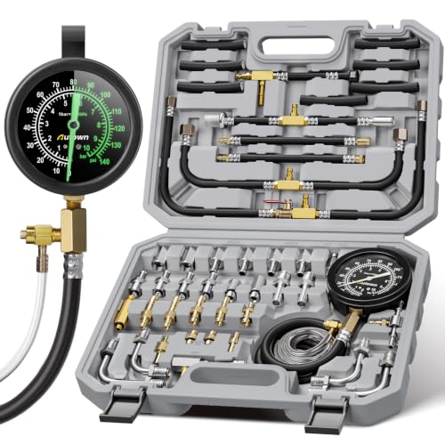 AUTOWN 45-Piece Pro Fuel Pressure Tester Kit, 0-140 PSI Fluorescent Glow Gauge, Complete Adapters for Gasoline Cars, Trucks & SUVs