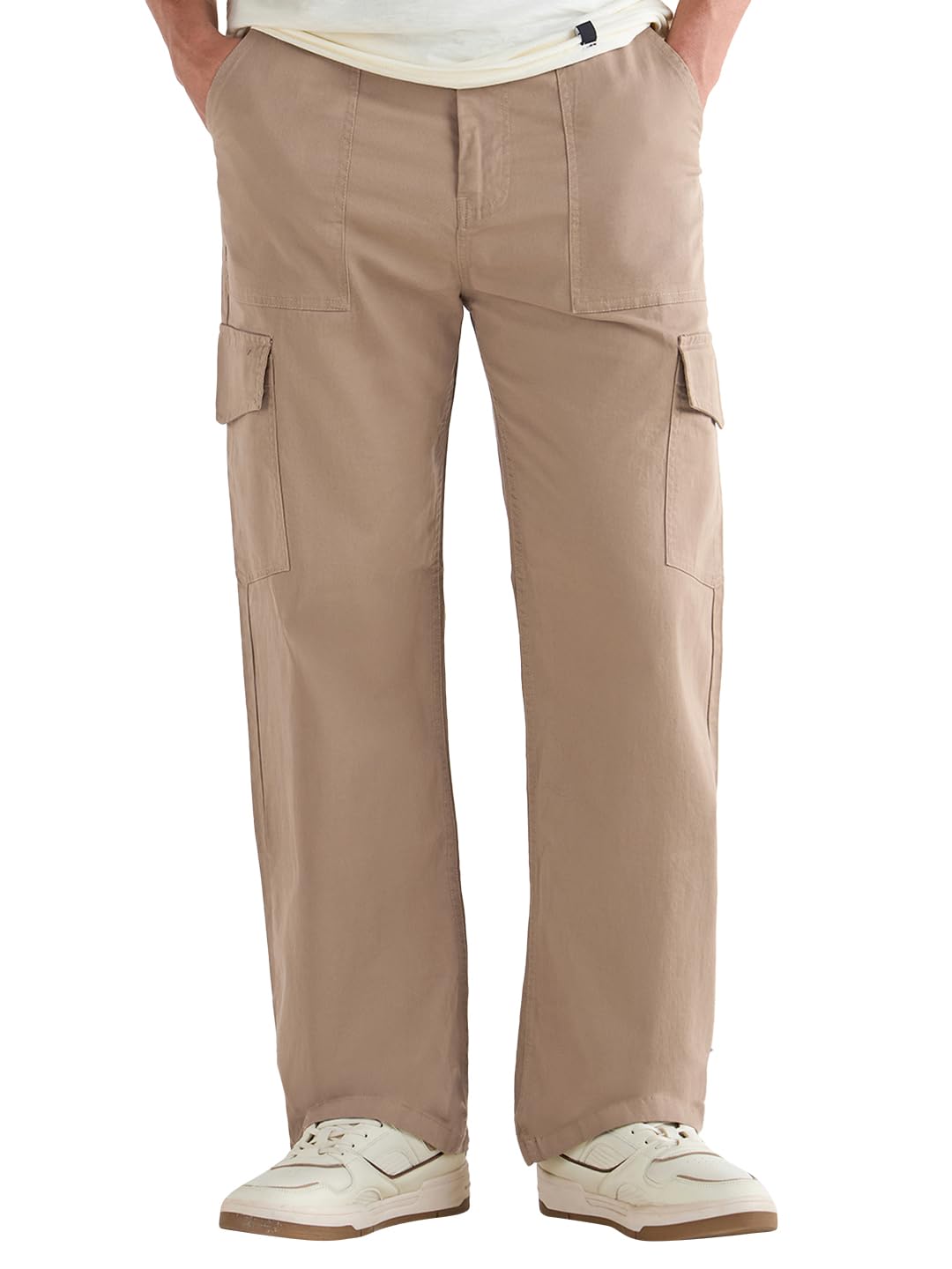 Bewakoof Men's Straight Fit Mid Rise Pants in neutral