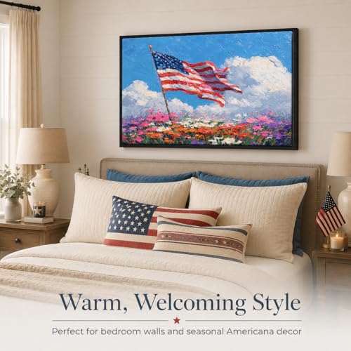 Image of American Flag Framed Canvas Wall Art, 4th of July Floral Canvas Prints, Wildflower Landscape Patriotic Decorations, Vintage Rustic Independence Day Wall Decor for Bedroom Living Room Office 8x10