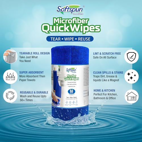 Image of SOFTSPUN Microfiber Cleaning Roll - 50 Quick Wipes, 10X Cheaper Than Paper Kitchen Roll Reusable & Lint-Free Cloth for Kitchen, Glass & Home Cleaning | 25x25 cm (Blue)