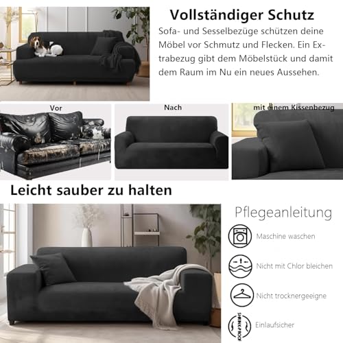 NAKIHOUSE Samt Sofabezug Waschbar Sofaüberwurfe mit einem Kissenbezug, Superweicher Elastische Sofa Abdeckung in Schwarz Farbe für 1/2/3/4 Sitzer(L-förmiges Ecksofa erfordert Zwei)