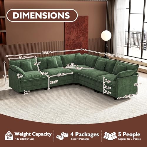 Image of Ihanherry 114 inch V-Shaped Modern Sofa Modular Sectional Cloud Couch with Corner Section, 5-Seat Chenille Deep Seat Sofa with 5 Pillows for Living Room, Bedroom and Apartment, Green