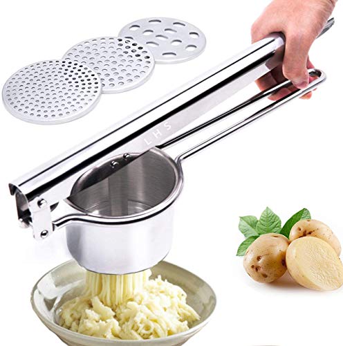 Stainless Steel Potato Ricer Masher with Good Grip Handle and 3 Interchangeable Discs for Fine Medium and Coarse Easy to Use for Potatoes Fruits Vegetables Baby Food and More