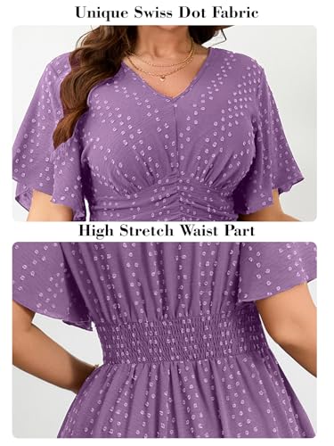 Image of RWJ Women's Plus Size Maxi Dress V Neck Short Sleeve Swiss Dot A Line High Waist Boho Swing Casual Summer Dresses