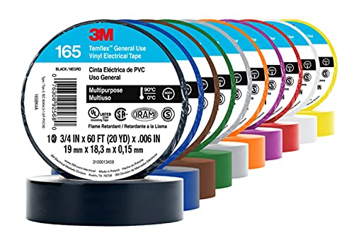 Image of 3M Temflex Vinyl Electrical Tape 165, Black, 3 /4 in x 60 ft (19 mm x 18 m), 6 mil, 100 Rolls /Case