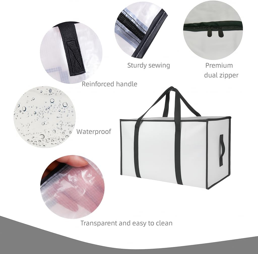 2 Pack Extra Large Clear Moving Bags with Zippers – Heavy Duty Storage Bags with U-Shaped Handles, Tag Pocket & Side Grips – Ideal for Clothes, Bedding, Dorm, Closet, Garage Organization - Image 3