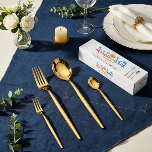 Image of Classic Gold 4 Pcs Stainless Steel Cutlery Set for Dining Table, Dishwasher Safe Glossy Flatware (Perfect Spoon Fork Set)