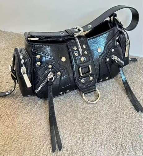 黒レザーショルダーバッグ スタッズ ハンドバッグ y2k opium - 製品詳細