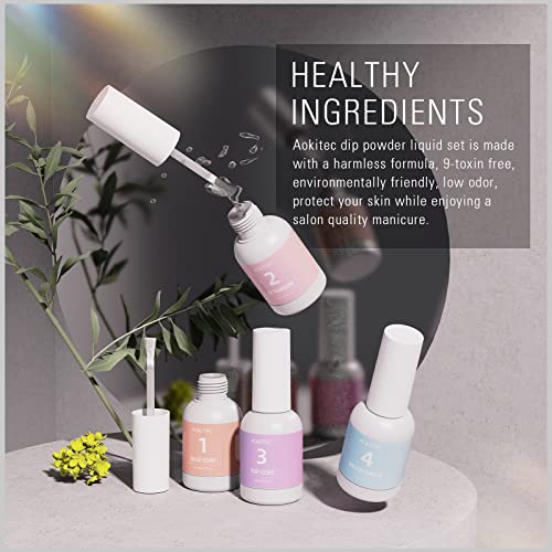 Aokitec Juego de Polvo de Inmersión - 15ml Gel de Polvo de Inmersión con Base & Sellado, Desecante, Detergente de Cepillo Polvo Gel Herramientas de Uñas Kit 4+2 para Principiantes DIY en Casa y Salón