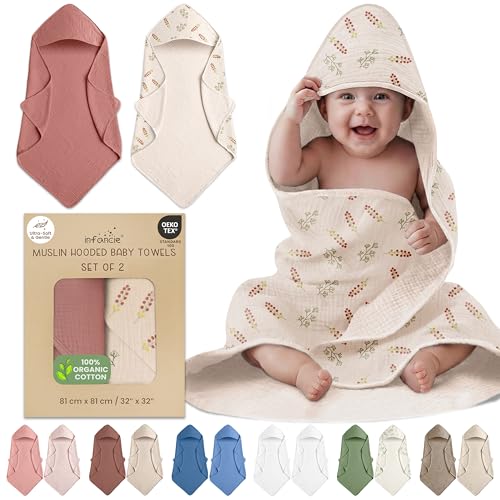 Image of infancie 100% Organic Cotton Muslin Baby Hooded Towels 32x32 Inch – 2 Pack Soft & Absorbent Baby Hooded Towel Wrap for Boys & Girls, Premium Hooded Towels, Gentle Baby Essentials in Deep Olive/Ivory