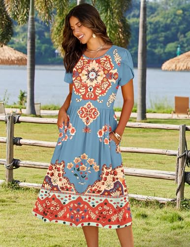 Image of HOTOUCH Women's Summer A-Line Midi Dresses 2026 Casual Floral Short Sleeve T-Shirt Dress Flowy Beach Sundress with Pockets