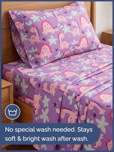 Image of Kids Twin Size Pink Dinos Bed Sheets - 3 Piece Kids Pink Dinos Sheet Set | Pink Dinos Themed Bedding, Ultra-Soft, Cute & Cozy, Breathable & Machine Washable, Bed Set for Boys, Girls & Teens & Cooling