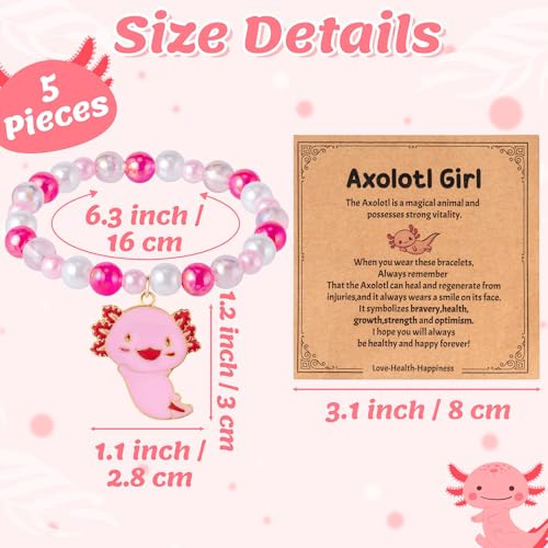 Y1tvei Cute Axolotl Bead Bracelets - 5Pcs Pink White Axolotl Lover Chains for Girls Adjustable Soft Clay Bracelet Kawaii Stuff Stretch Jewelry Accessories with Card for Kids Women Daughter Birthday3