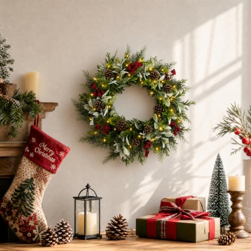 Pinkpum 22" Christmas Wreath with Lights & Timer Pinecone Berry Lamb's Ear - image 6