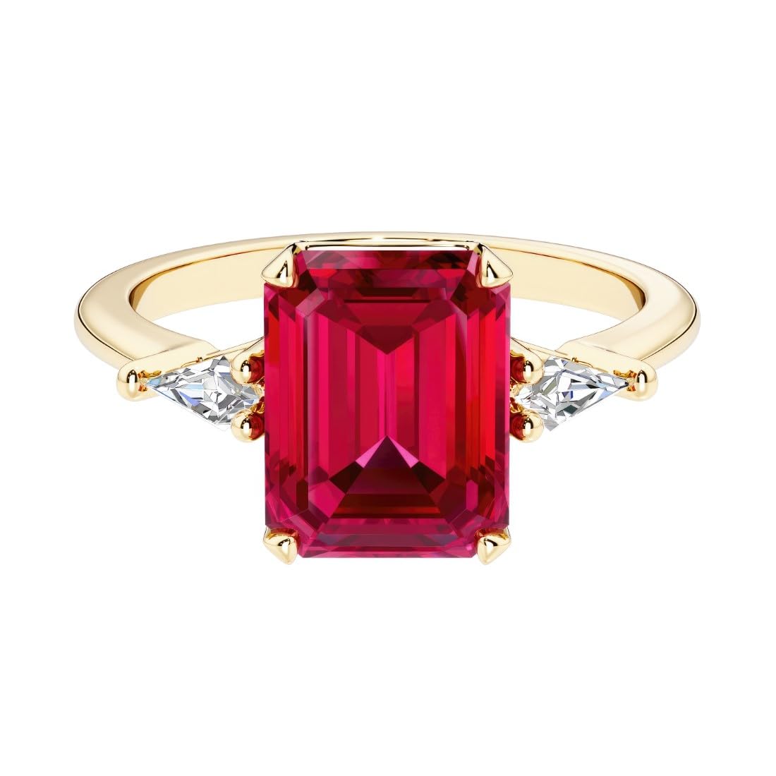 Solid 14k White or Yellow Gold 3.50 Carats Emerald Cut Lab Grown Ruby Ring with Kite Shape Diamond Sides, 3 Stone Engagement, July Birthstone, Birthday, Anniversary, Wedding Gift for Women, w/ Jewelry Box, Sizes 4-10