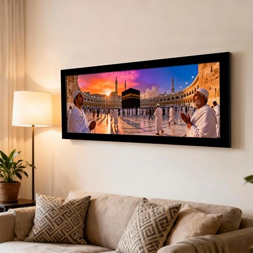 Image of PAINTINGMANTRA Makka Madina Kaaba Islamic Arabic Wall Art Framed Luxury Paintings for Home Decoration, Living room, Bedroom and Office Decoration (99x38 CM)