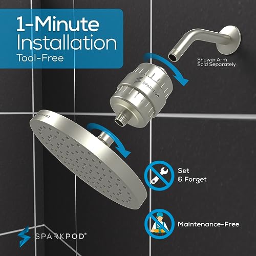 Image of SparkPod Filtered Shower Head, 23-Stage, 8 inch Round, Brushed Nickel | Showerhead for Hard Water, High Pressure, Reduces Chlorine, Heavy Metals, For Dry Skin & Hair, Removable Capsule Filter