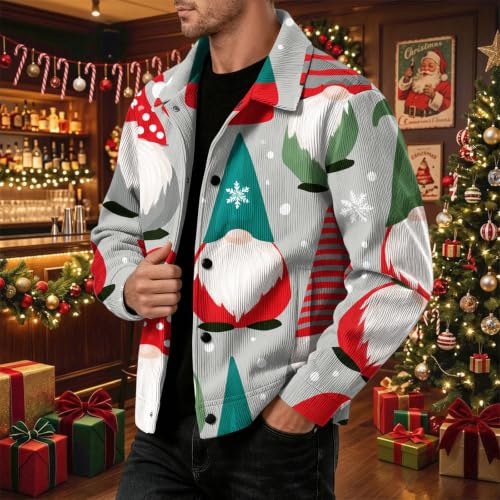 Mens Corduroy Jacket Vintage Christmas Print Casual Lapel Collar Coat - image 4
