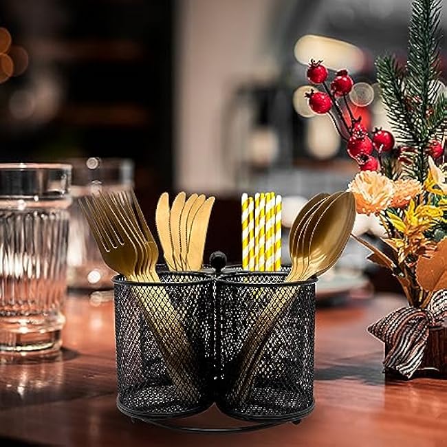 Silverware Holder Utensil Caddy - 360¡ã Rotating Silverware Caddy 4 Compartment Metal Cutlery Organizer Fork Spoon Napkin Plastic Flatware Storage Basket Party Countertop Picnic Outdoor Black
