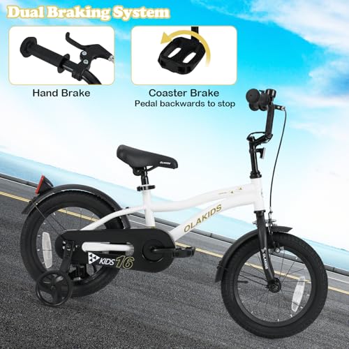 Image of Olakids Kids Bike, 12 14 16 18 Inch Toddlers Bike with Training Wheels Safety Bell Adjustable Seat and Handlebar, Handbrake and Coaster Brake, Children's Bicycle for Boys Girls