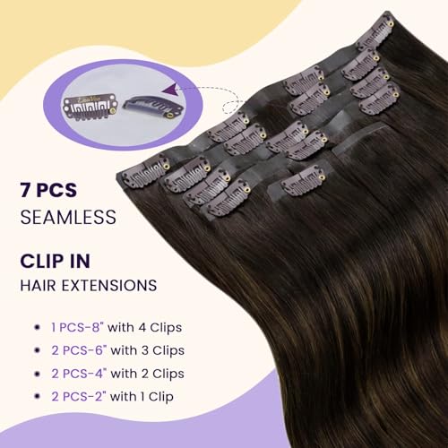 Image of LaaVoo Seamless Clip in Hair Extensions Human Hair Brown Balayage Seamless Clip in Human Hair Extensions Dark Brown Mix Light Brown Hair Extensions Clip ins Invisible PU Weft 18 Inch 110g 7pcs