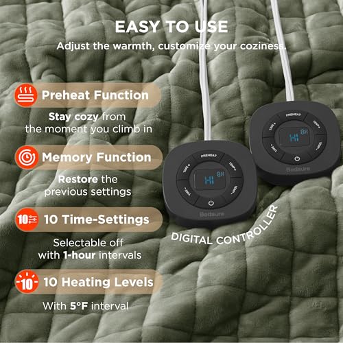 Image of Bedsure Electric Blanket King Size - Dual Control Heated Weighted Blanket King with 10 Heat Settings, Fast Heating with 10 Time Settings (100x90 inches, Olive Green)