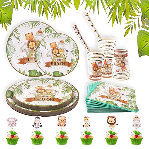 Dekewe 125 Pcs Assiette Jetable Anniversaire Jungle Animaux Anniversaire Garçon Decoration Kit Assiettes Tasses Serviettes pour Decoration Anniversaire Jungle Baby Shower pour 20 Invites Cover