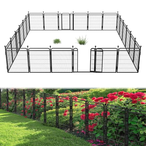 32 in(H) Decorative Garden Fence Outdoor for Yard with 2 Gates,Heavy Duty Iron 16 Panels Total 34.7ft(L) Anti Dig Fence with Gravity Automatic Lock for Indoor/Outdoor Dog Fence for rv Campin