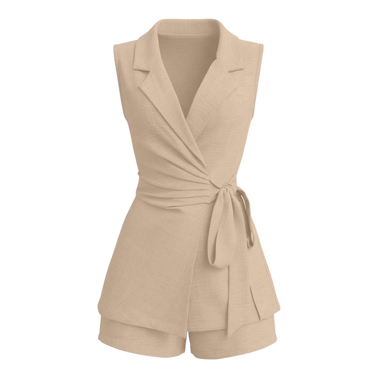 Tailleur Pantalon Femme - Comfort Chic Et Elegant Tenue Professionnelle Mariage D'été Costume Couleur Unie Col V Ensemble Deux Pièces Ceinture Design Gilet Short Slim Décontractés