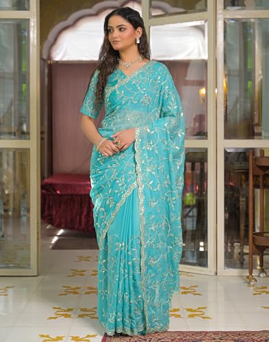 Image of SIRIL Women's Georgette Embroidery Saree With Unstitched Blouse