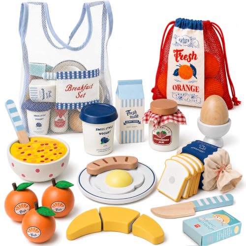 Lehoo Castle Wooden Play Food Set - Montessori Cutting Fruit Egg Bread Pretend Breakfast Food Toys for Kids Kitchen Educational Toddler Toys 3-5 Years with Storage Bag Birthday Gift for Boys Girls