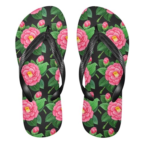 Pink Flower Black Flip Flops for Beach Thong Sandals Anti-slip Lightweight Shower Shoes for Travel Summer Outdoor
